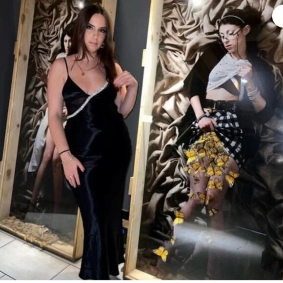 Zara Black Satin Effect Rhinestone Midi Slip Dress Spaghetti Straps Size Small - Picture 3 of 14